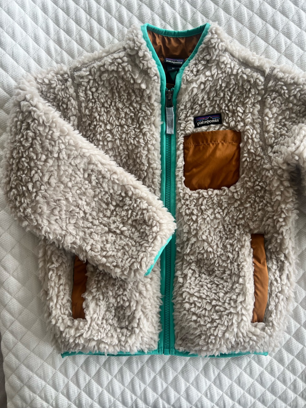 Patagonia Kids Cream Sherpa Fleece Jacket with Teal Trim